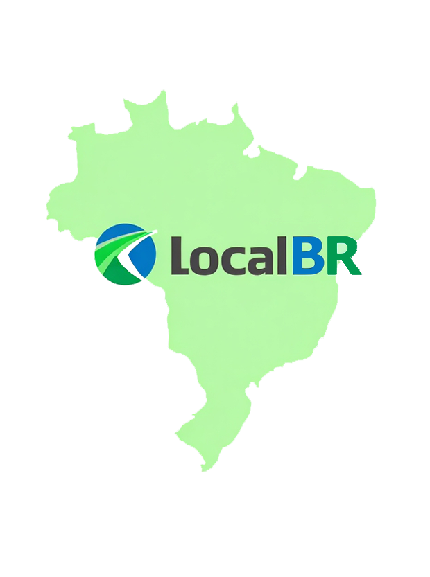 Logo da LocalBR: mapa verde do Brasil com ícone circular de globo tecnológico em tons de azul e verde, acompanhado do texto LocalBR